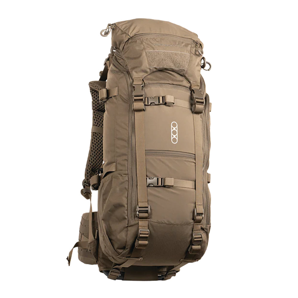 Olive green Eberlestock Brute backpack with multiple compartments and straps on a white background