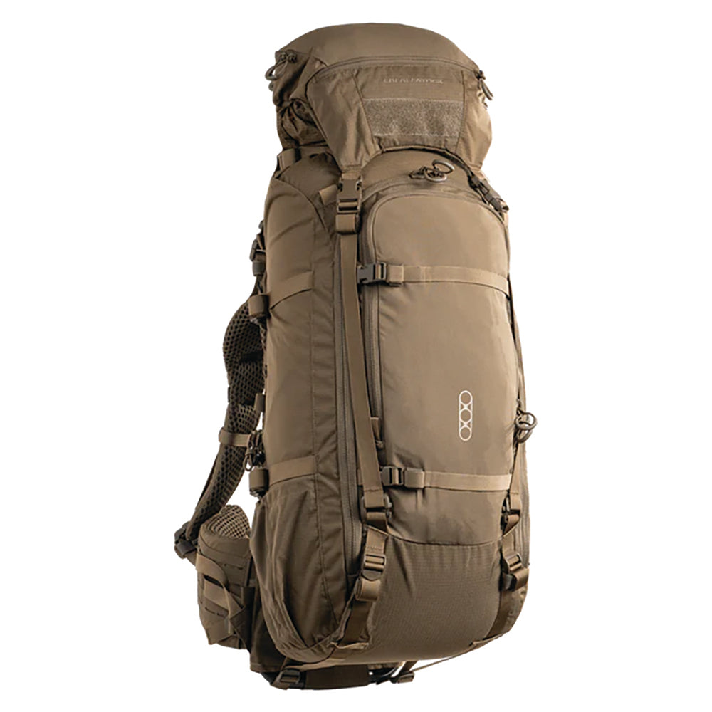 Olive green Eberlestock Brute backpack with multiple compartments and straps on a white background