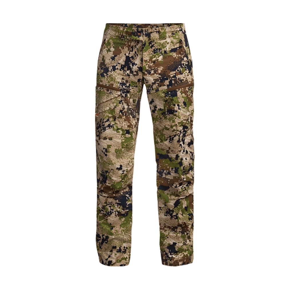 A pair of Sitka Endure camouflage pants in a digital woodland pattern with shades of brown, green, beige, and black, shown against a plain white background.