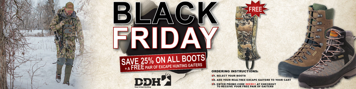 website banner for Black Friday sale partnership with Deer/Deer Hunting with instructions on redeeming free gaiters