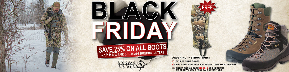 website banner for Black Friday sale partnership with Hosted Hunts with instructions on redeeming free gaiters