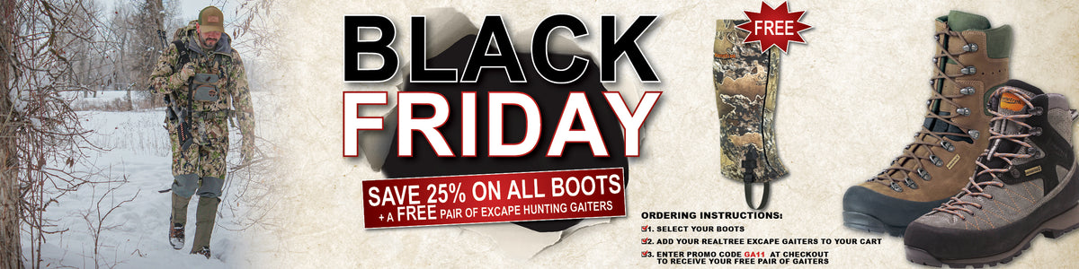 website banner for Black Friday promotion showing instructions on how to redeem free gaiters
