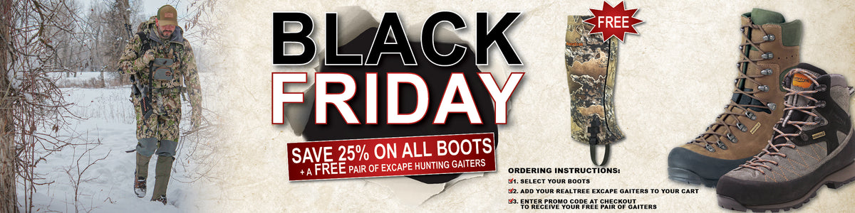 website banner for Black Friday sale partnership with influencers with instructions on redeeming free gaiters