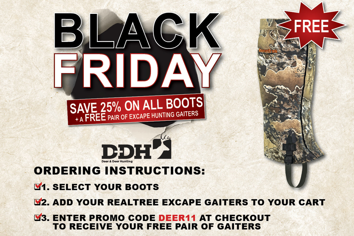 website banner for Black Friday sale partnership with Deer/Deer Hunting with instructions on redeeming free gaiters