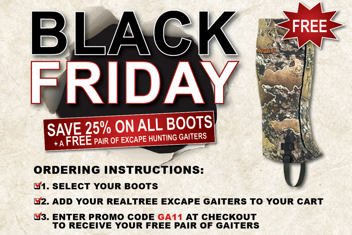 website banner for Black Friday promotion showing instructions on how to redeem free gaiters