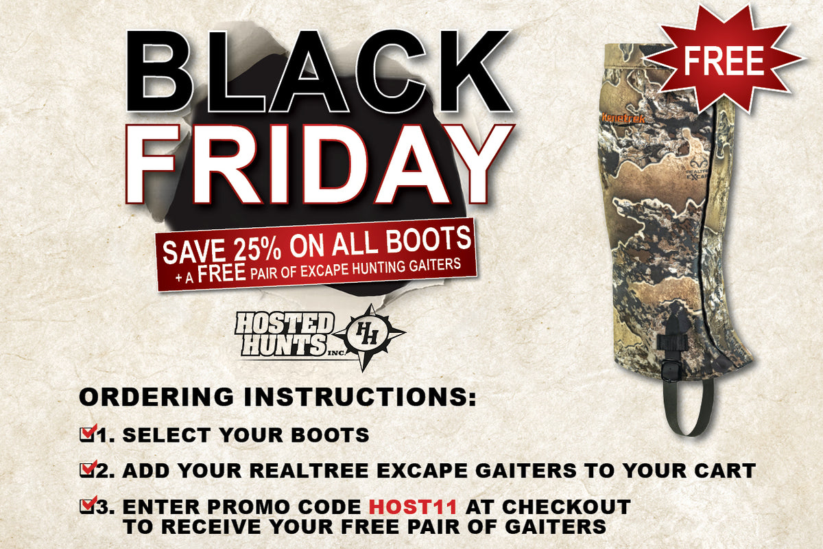 website banner for Black Friday sale partnership with Hosted Hunts with instructions on redeeming free gaiters