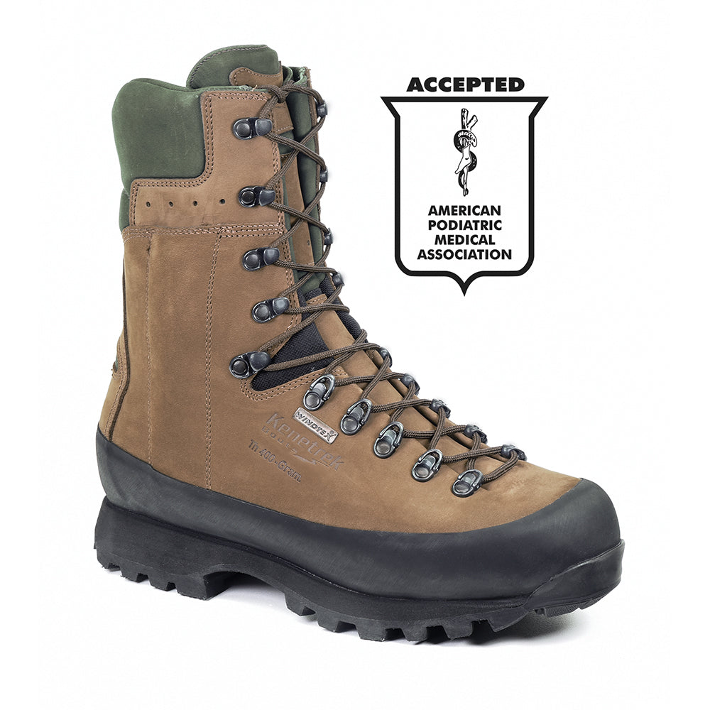 Brown hiking boot with green lining on a white background, featuring the American Podiatric Medical Association logo.