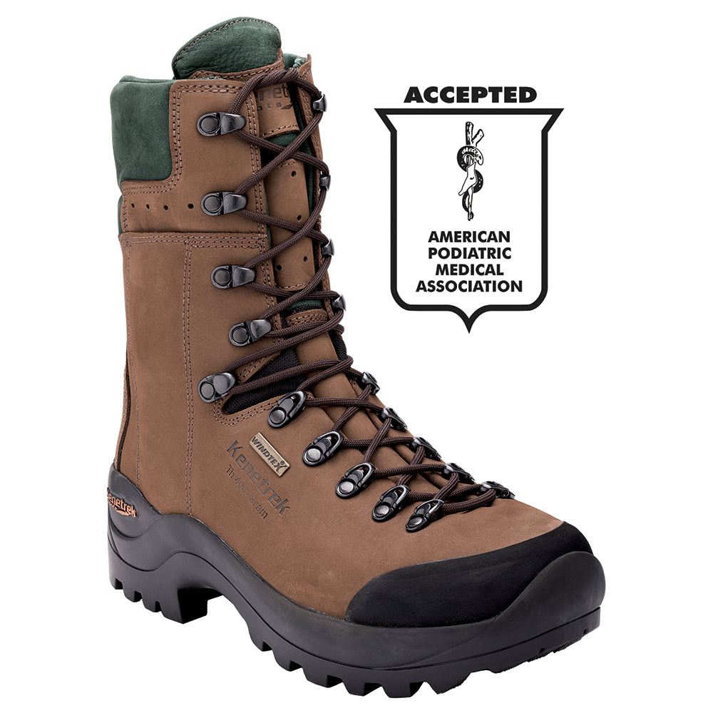 Brown hiking boot with ankle brace on a white background, featuring the American Podiatric Medical Association logo.