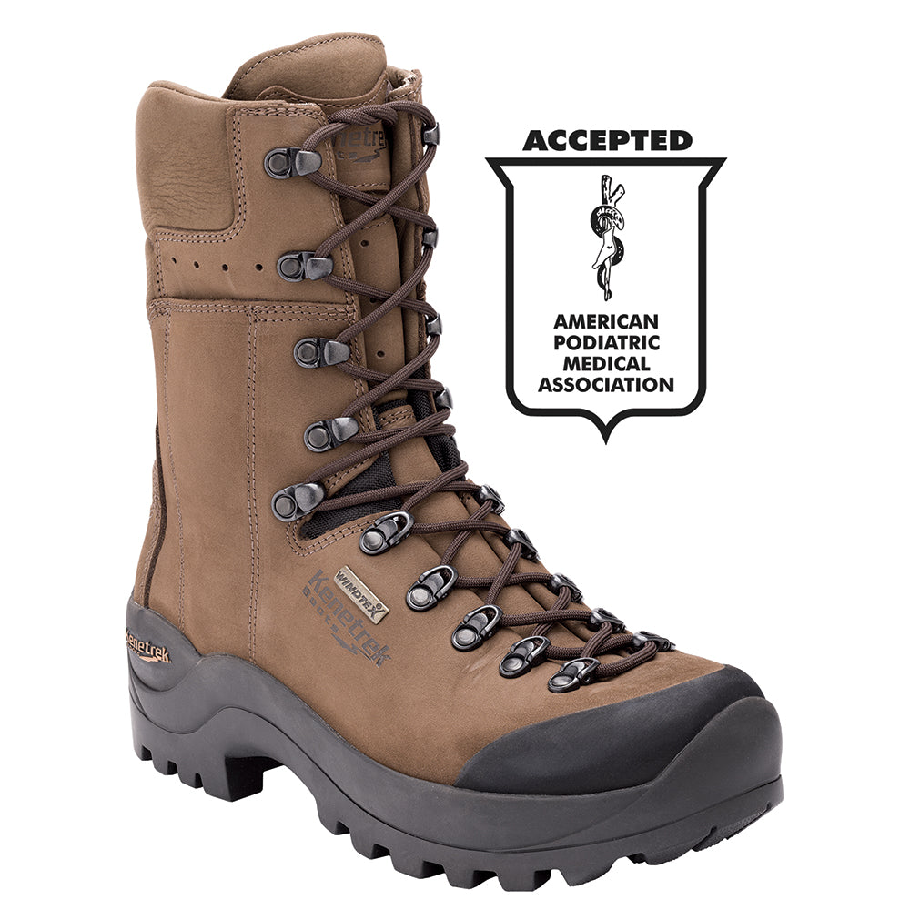 Brown hiking boot with ankle brace and American Podiatric Medical Association logo on a white background
