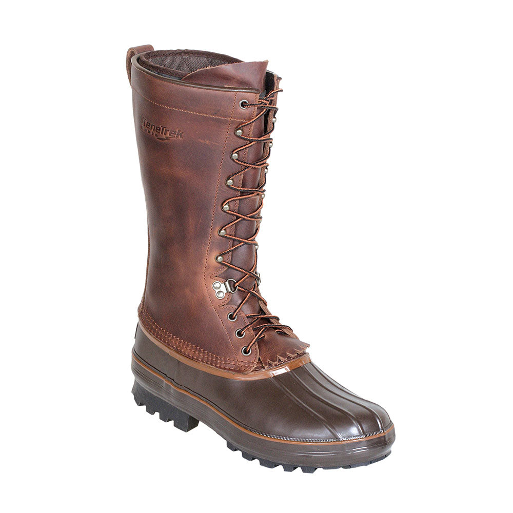 A brown, lace-up hunting boot with a rubber outsole and steel shank, designed for outdoor use.