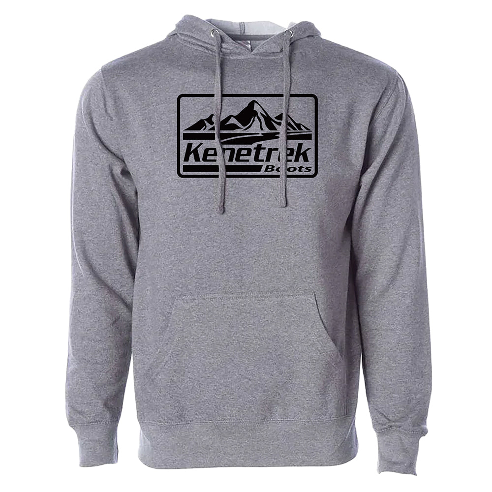 A heather gray pullover hoodie with a black Kenetrek Boots logo printed on the chest, featuring a drawstring hood and front kangaroo pocket.