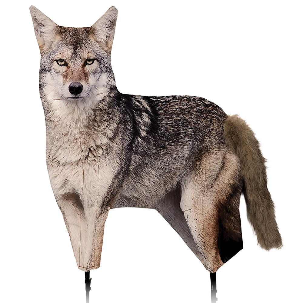 A coyote-shaped ground decoy with a realistic printed coyote body, ears, face, and tail, shown on a plain white background with visible metal stake ends.