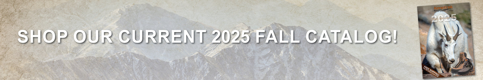 Promotional banner for a 2025 fall catalog with text and a mountain background.