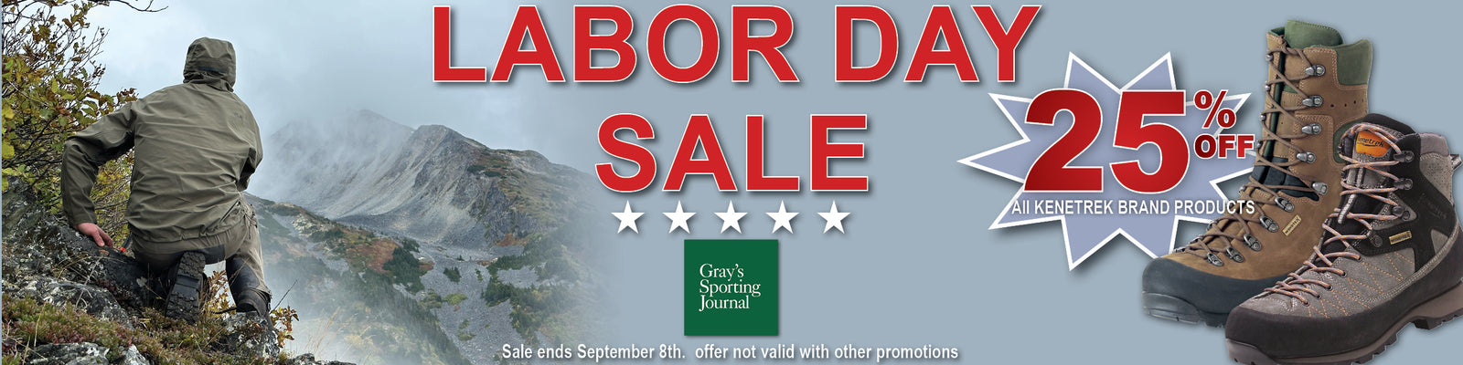Labor Day Sale promotional banner featuring large red text reading 'LABOR DAY SALE' and '25% OFF', a star rating, a small green logo for 'Gorilla's Sporting Journal', and two hiking boots on the right against a mountain background with a hiker on the left.