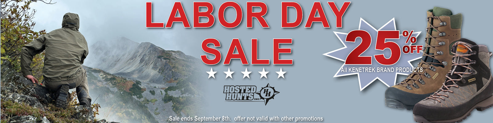 Labor Day Sale promotional banner featuring a mountain hiking scene on the left, large red text reading 'LABOR DAY SALE,' a white starburst with '25% OFF,' and two hiking boots on the right. Hosted by AltraTex.