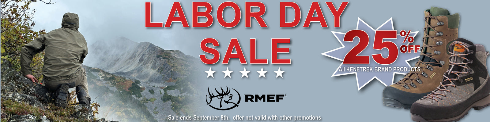 Labor Day Sale promotional banner featuring a mountain hiking scene with a person in the background, large red text reading 'LABOR DAY SALE,' a white starburst with '25% OFF,' and a pair of hiking boots on the right. The RMEF logo is visible near the bottom.