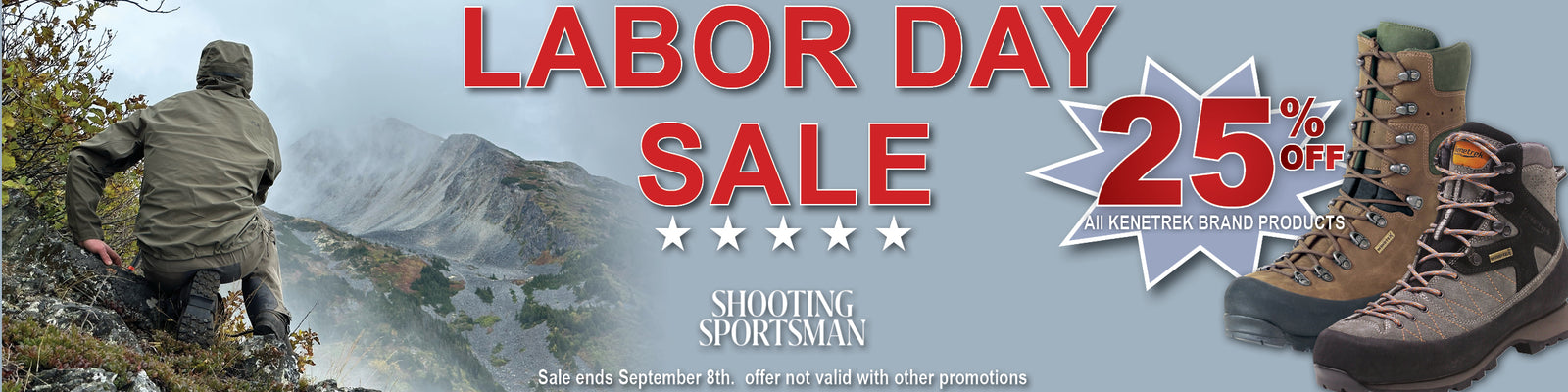Labor Day Sale promotional banner featuring large red text reading 'LABOR DAY SALE' and '25% OFF', with a star graphic and a pair of hiking boots on the right. The left side shows a man climbing a mountain path, and the bottom text references Albrecht Sportsman and shooting sports.