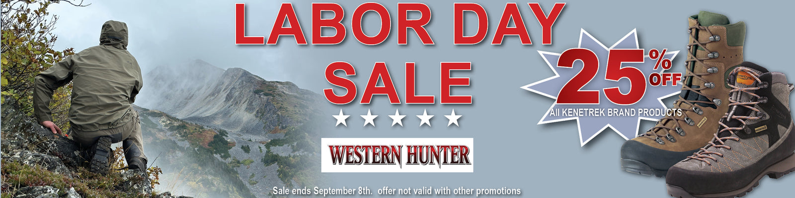 Labor Day Sale banner featuring Western Hunter Albrecht Brand hiking boots on the right, a mountain scene with a hiker on the left, and large red text reading 'LABOR DAY SALE' with '25% OFF'.