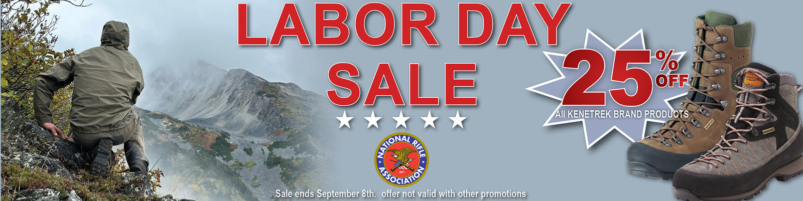 Labor Day Sale promotional banner featuring a mountain hiker on the left, large red text reading 'LABOR DAY SALE,' a white starburst with '25% OFF,' and a pair of hiking boots on the right. A circular logo for Altra Trek brand is visible near the bottom center.