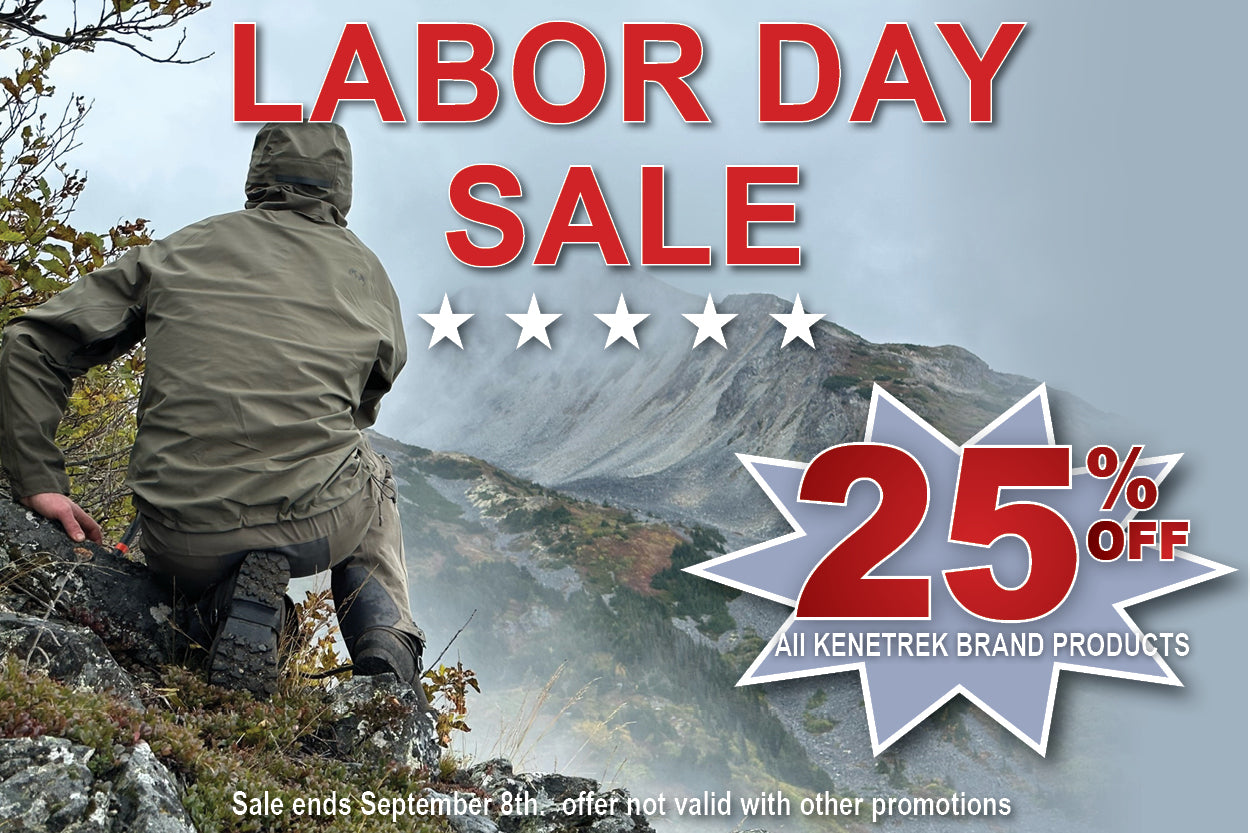 Labor Day Sale promotional banner featuring a man in an olive green rain jacket looking out over a mountain landscape. Large red text reads 'LABOR DAY SALE' with white stars, and a starburst badge says '25% OFF' with 'ALL KENETREK BRAND PRODUCTS' below it.