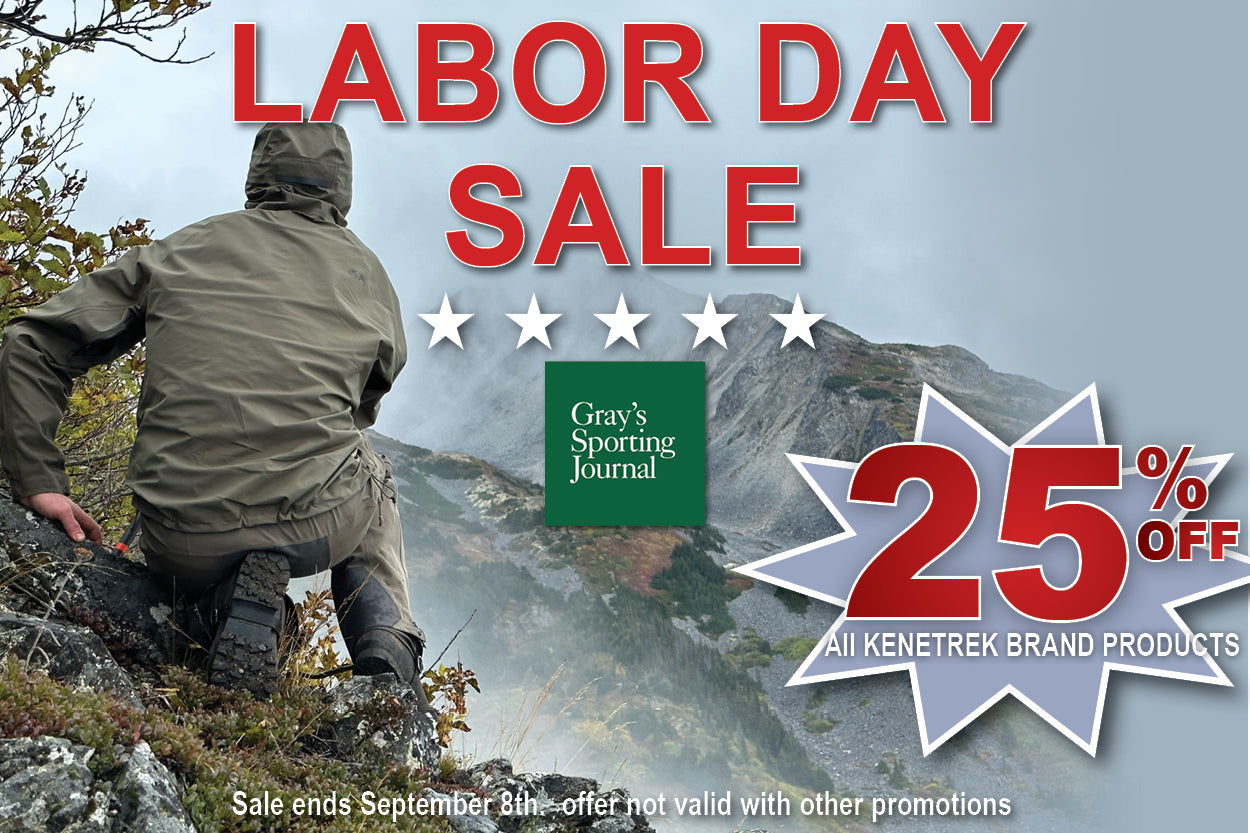 Labor Day Sale promotional graphic with a man in an olive green jacket and hiking pants kneeling on a rocky mountainside. Large red text reads 'LABOR DAY SALE,' five white stars, the Gray's Sporting Journal logo, and a starburst reading '25% OFF All Kenetrek Brand Products.