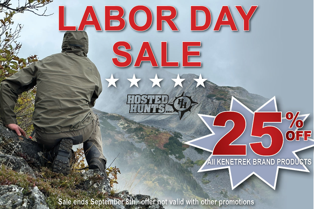 Labor Day Sale promotional graphic featuring a man in an olive green jacket kneeling on a rocky mountainside, with large red text reading 'LABOR DAY SALE,' a 'Hosted Hunts.com' logo, and a starburst offering 25% off all Kenetrek brand products.