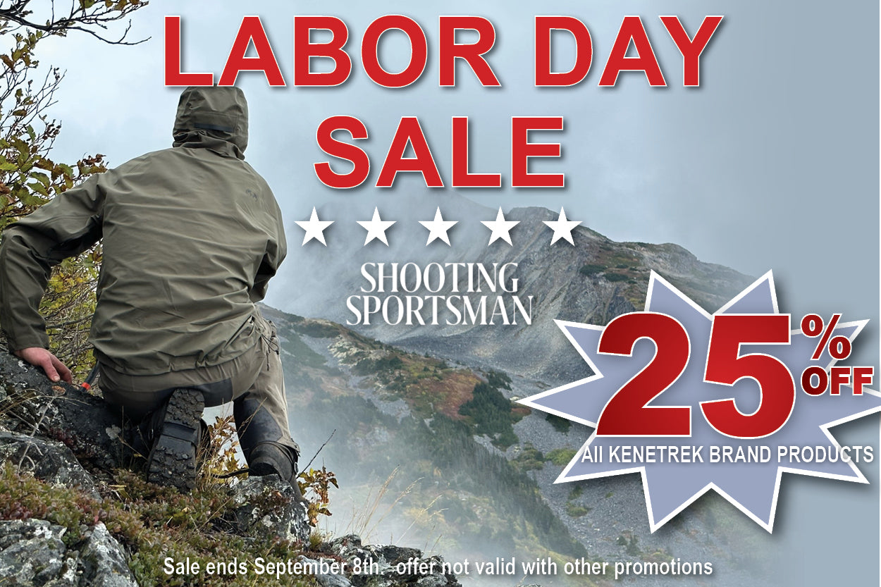 Labor Day Sale promotional banner for Kenetrek Brand Products, featuring a man in an olive green jacket and pants kneeling on a rocky mountain trail. Large red text reads 'LABOR DAY SALE' with 'SHOOTING SPORTSMAN' and '25% OFF' in a starburst graphic.
