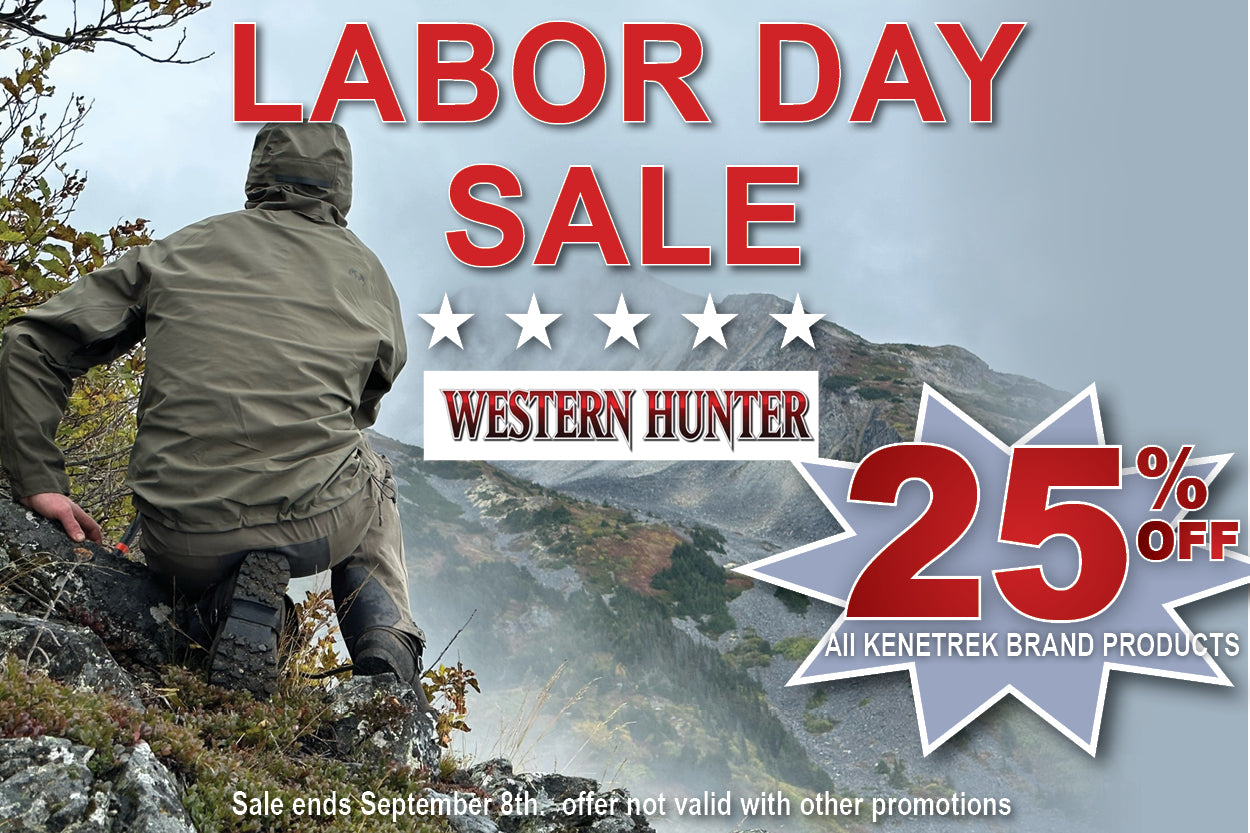 Labor Day Sale promotional graphic with a man in an olive green jacket kneeling on a rocky mountainside, large red text reading 'LABOR DAY SALE,' the Western Hunter logo, and a starburst offering 25% off all Kenetrek brand products.