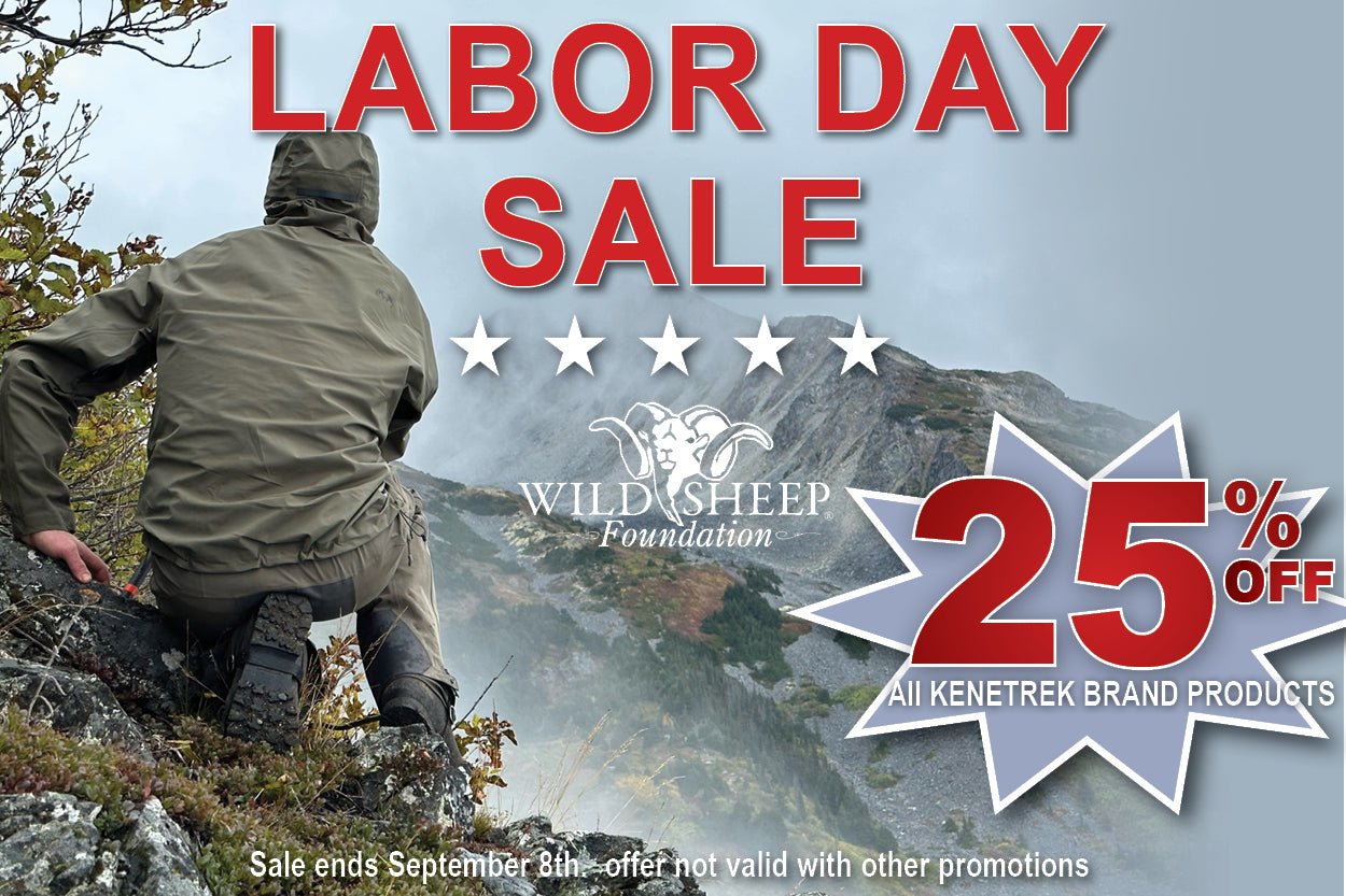 Labor Day Sale promotional graphic for Wild Sheep Foundation Kenetrek products, featuring a man in an olive green jacket and black pants kneeling on a rocky mountain path. Large red text reads 'LABOR DAY SALE' with five white stars, the Wild Sheep Foundation logo, and a starburst badge offering 25% off all Kenetrek brand products.