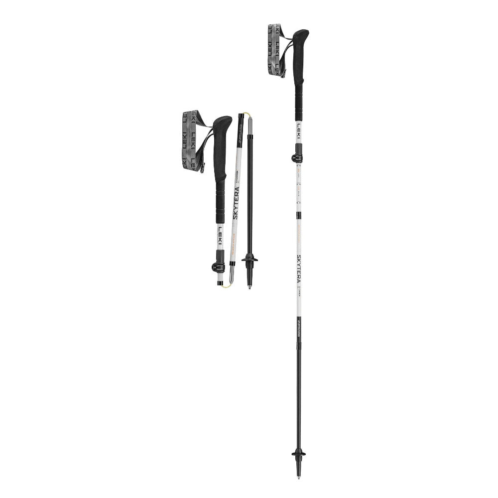 A pair of Leki Skytera hiking poles shown in multiple configurations against a plain white background. The poles feature a white shaft with black branding and text, black handles and tips, and gray adjustable buckles.